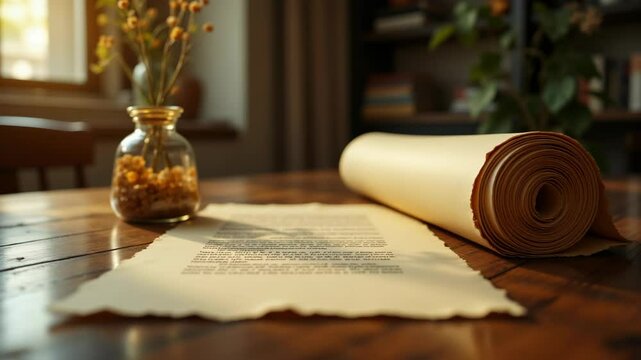 A rolled parchment and a handwritten letter rest on a wooden table beside a glass jar of dried flowers in warm, natural light.