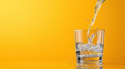Water gracefully pours into a clear glass against a sunny yellow background, epitomizing freshness, fluidity, and the simple pleasure of a refreshing drink.