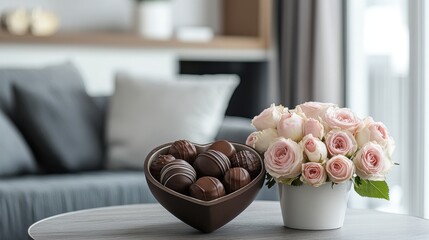 A heart-shaped box of assorted chocolates next to a bouquet of roses on a marble surface.