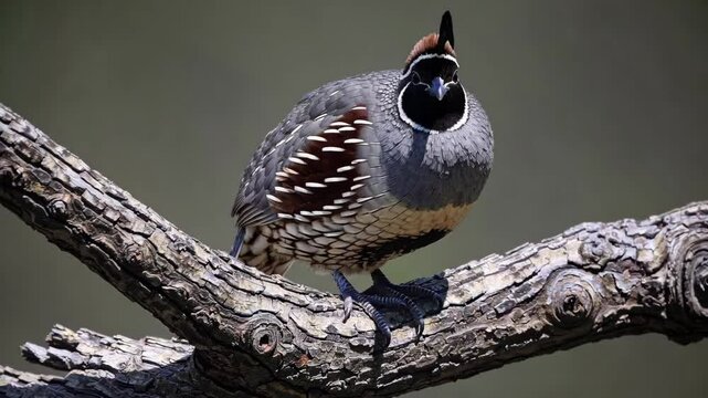 Alert quail on tree branch observing surroundings in natural habitat