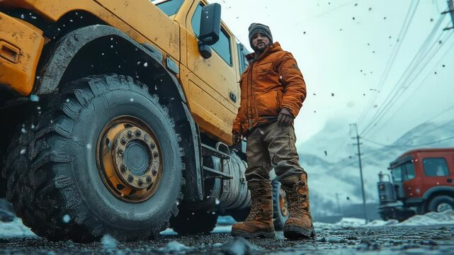 A rugged man in a beanie and heavy jacket stands beside a massive off-road truck on a muddy, mountainous terrain. Adventure, resilience, and work ethic