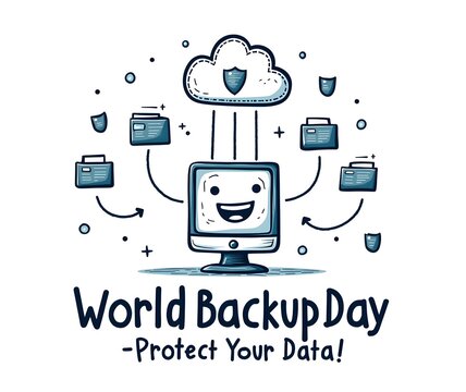 World Backup Day card design featuring cloud, hard drive, and backup icons, highlighting the importance of data protection.