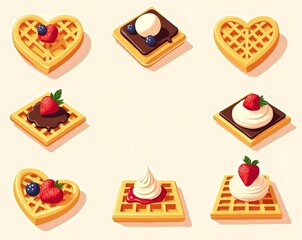 Waffles breakfast dessert – heart and square with toppings