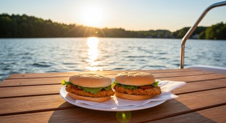Fototapeta premium Two delicious chicken sandwiches with fresh lettuce and tomato served on a plate by a serene lake at sunset - chicken sandwich photos