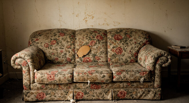 Worn-out floral patterned sofa with a tear in an abandoned room showcasing ugly aesthetics
