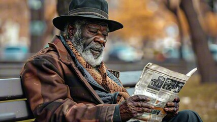 Afro american elderly man in coat and fedora smiling while reading newspaper on park bench in autumn setting. Concept of joy in routine and traditional habits - Powered by Adobe