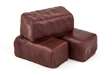 Chocolate candies close-up, isolated on white background.