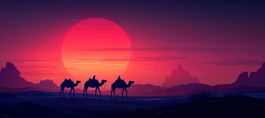Naklejka premium Silhouette of a Bedouin leading three camels in the desert at sunset, a beautiful desert landscape, with space for text.
