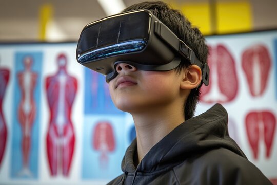 Young student wearing a VR headset in front of anatomical posters, exploring immersive learning experiences. - Powered by Adobe