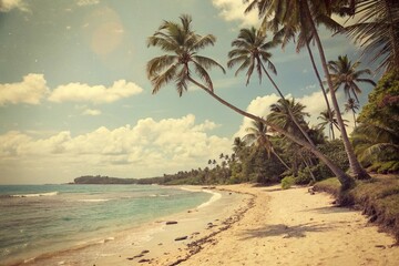 Obraz premium Tropical sandy ocean beach with palm trees vintage toned with film distress flare