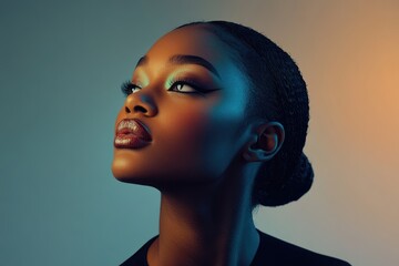 Portrait of a dark-skinned woman looking upwards with artistic makeup, wet hair and unique lighting in a studio environment.