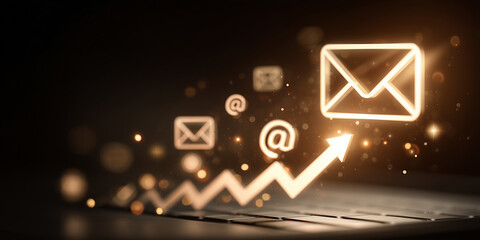 glowing email marketing icon with analytics and communication symbols – ideal for business newsletters, digital strategy presentations, or social media ads about email campaigns