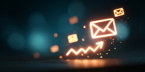 glowing email marketing icon with analytics and communication symbols – ideal for business newsletters, digital strategy presentations, or social media ads about email campaigns