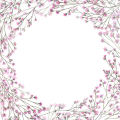 Watercolor intertwining pink gypsophila branches wreath isolated background. Hand painted baby breath flowers illustration with empty space for text. For stationery, spa decor, gift packaging.