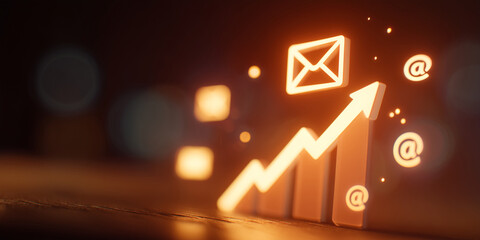 glowing email marketing icon with analytics and communication symbols – ideal for business newsletters, digital strategy presentations, or social media ads about email campaigns