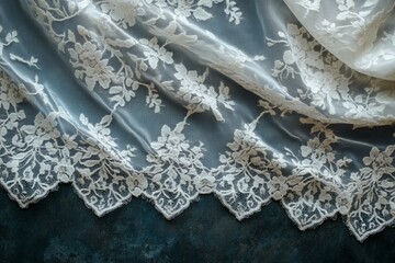 Obraz premium White lace fabric on dark textured background creating an elegant and romantic atmosphere