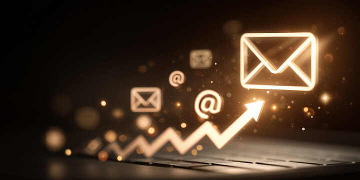 glowing email marketing icon with analytics and communication symbols – ideal for business newsletters, digital strategy presentations, or social media ads about email campaigns