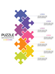 Puzzle infographic template featuring seven interconnected puzzle pieces in a winding vertical arrangement with a gradient of blue, purple, pink, orange, yellow, and green. Vector illustration.