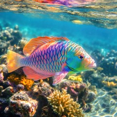 Vibrant parrotfish swimming above coral reef.