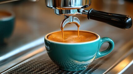 Espresso pouring into a teal cup