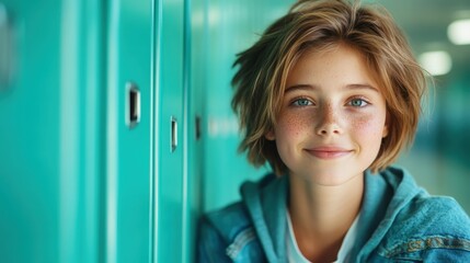 A joyful young girl smiling beside vibrant school lockers, showcasing a carefree and happy attitude, perfectly capturing the essence of school life and youthful innocence.