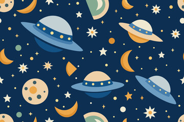 Naklejka premium Seamless Pattern of Cute Flying Saucers Planets and Stars in Space