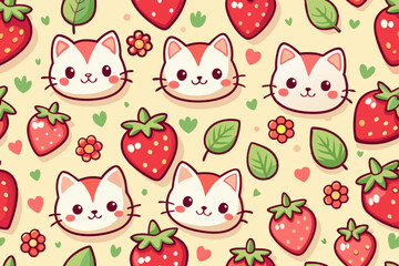 Cute Cartoon Cats and Strawberries Seamless Pattern