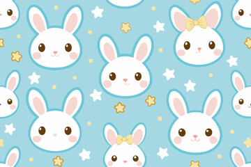 Adorable Seamless Pattern of Cute White Bunny Rabbits and Stars on Light Blue Background