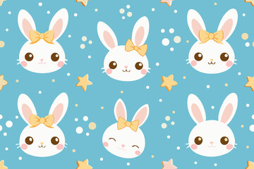 Adorable Seamless Pattern of Cute White Rabbits with Yellow Bows on Blue Background