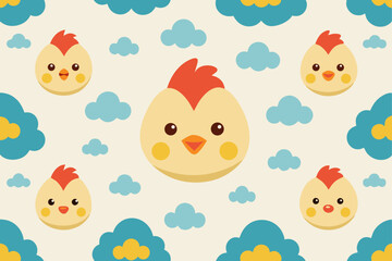 Cute Cartoon Chick Faces Seamless Pattern with Clouds and Flowers