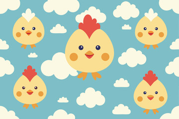 Cute Cartoon Chicks and Roosters Flying in a Blue Sky with Clouds