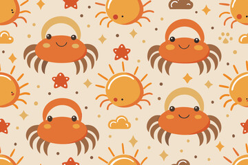 Adorable Cartoon Crab and Sun Seamless Pattern