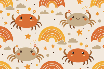 Adorable Cartoon Crabs and Rainbows Seamless Pattern