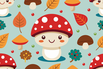 Cute Cartoon Mushroom Autumn Seamless Pattern Background