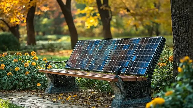 Park bench with solar panels, autumnal setting