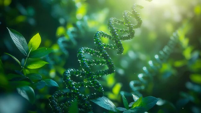 A sparkling blue DNA strand intertwined with lush green leaves, representing the connection between genetics and nature