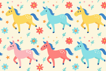 Cute Cartoon Unicorns Seamless Pattern Pastel Colors