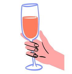 Hand hold glass with red wine, cocktail, alcoholic drink and cheers drinking toast to friendship or on a date. Vector illustration for greeting cards, postcards, placard or poster. Isolated element