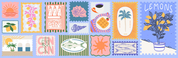 Summer in Amalfi or Sicily Italy. Vector illustration of postage stamps with image of sun, lemons, sardines, fish and breakfast in cafe for poster, placard print. Mediterranean vacation element.