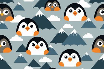 Adorable Cartoon Penguins Seamless Pattern Arctic Mountains