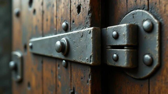 A close-up of a weathered metal hinge attached to an old, rustic wooden door with visible grain and marks.