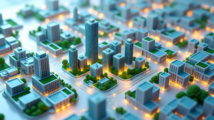 Obraz premium Miniature city model with illuminated buildings and green rooftops, showcasing futuristic urban layout with glowing streets and modern architecture