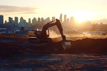 Excavator working at sunset in a construction site near a city