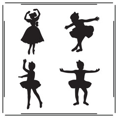 Obraz premium Ballerina Girl Silhouette Vector Set – Cute Dancing Children in Ballet Poses – Black Vector Icons for Dance, Performance, Childhood, Costume, Artistic Movement, and Stage Performance Concepts.