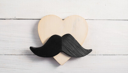 Wooden Heart with Black Mustache Symbol on White Background for Father’s Day