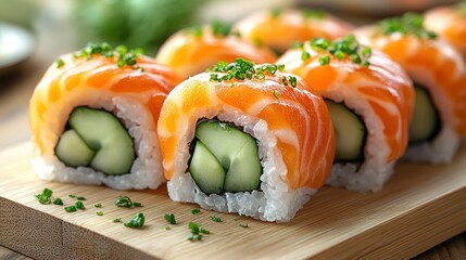 Fresh salmon cucumber sushi rolls