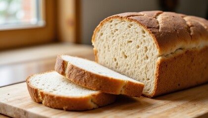 A freshly baked loaf of white bread sits on a wooden cutting board with two slices cut, showcasing its soft texture near a window for natural light.