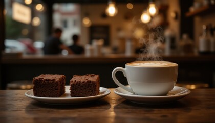 A steaming cup of cappuccino with latte art and two decadent chocolate brownies sit invitingly on a wooden table in a cozy cafe setting ready to be enjoyed.
