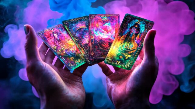 tarot cards smoke and hands. Selective focus. People.