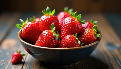 Bowl of vibrant red strawberries, glistening with freshness , background, ripe, juicy